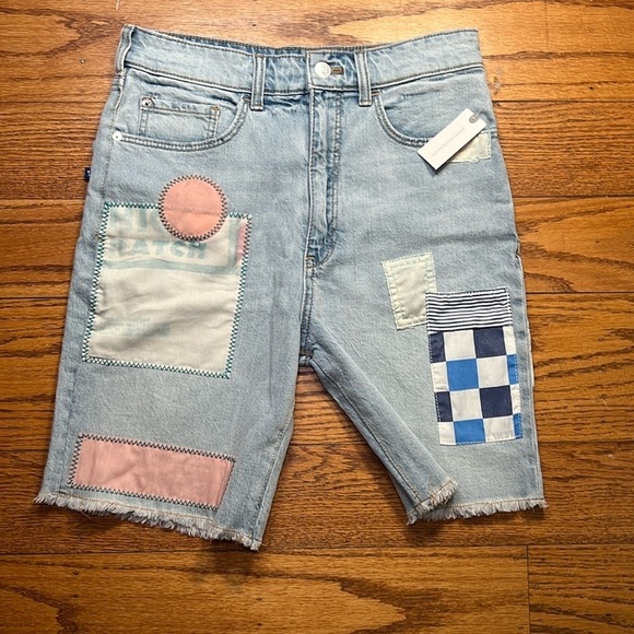 Anthropologie Blue Cotton High Rise Y2K Vintage Jorts With Colorful Patches A32 - Picture 1 of 4